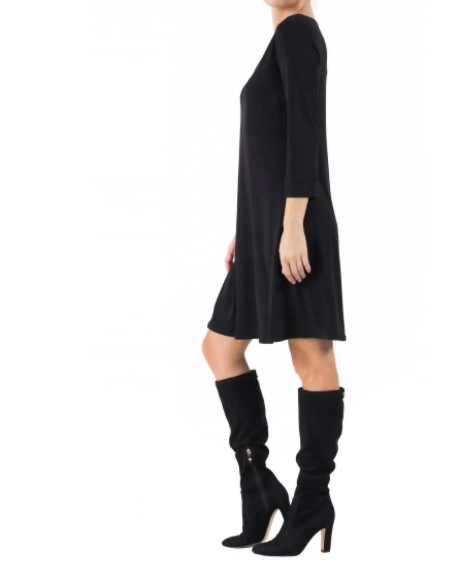 3/4 Sleeve Scoop Neck A Line Dress in Black | Black