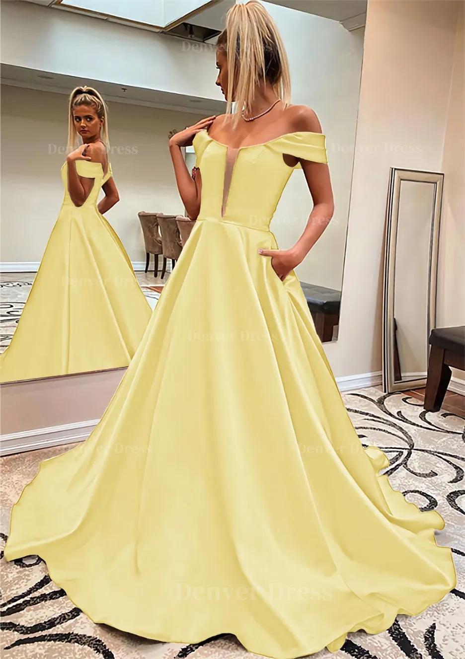 A-line Off-the-Shoulder Sleeveless Satin Sweep Train Prom Dress With Pockets