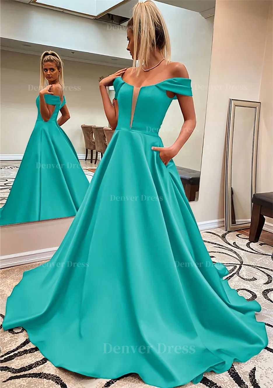 A-line Off-the-Shoulder Sleeveless Satin Sweep Train Prom Dress With Pockets