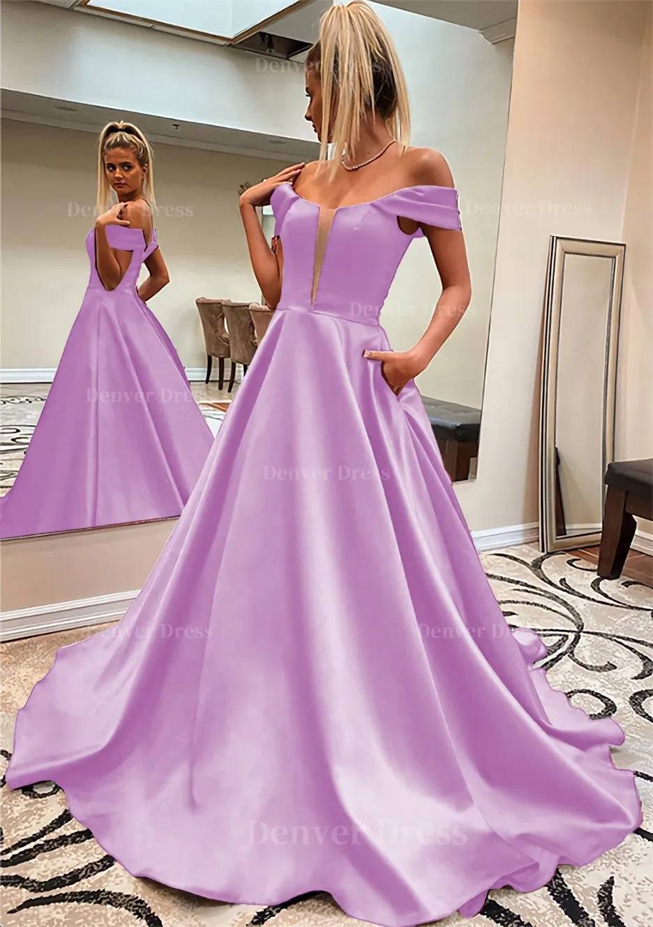 A-line Off-the-Shoulder Sleeveless Satin Sweep Train Prom Dress With Pockets