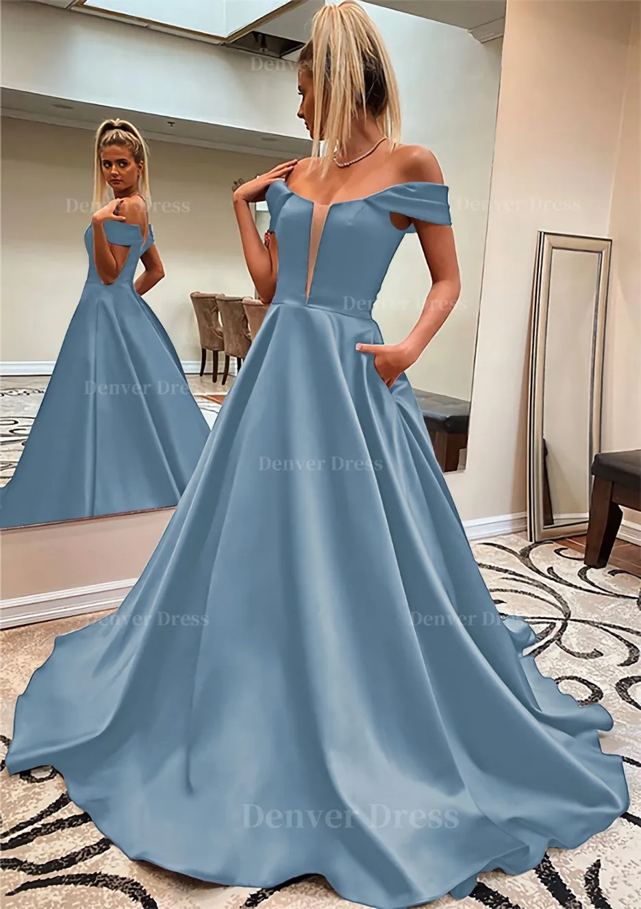 A-line Off-the-Shoulder Sleeveless Satin Sweep Train Prom Dress With Pockets