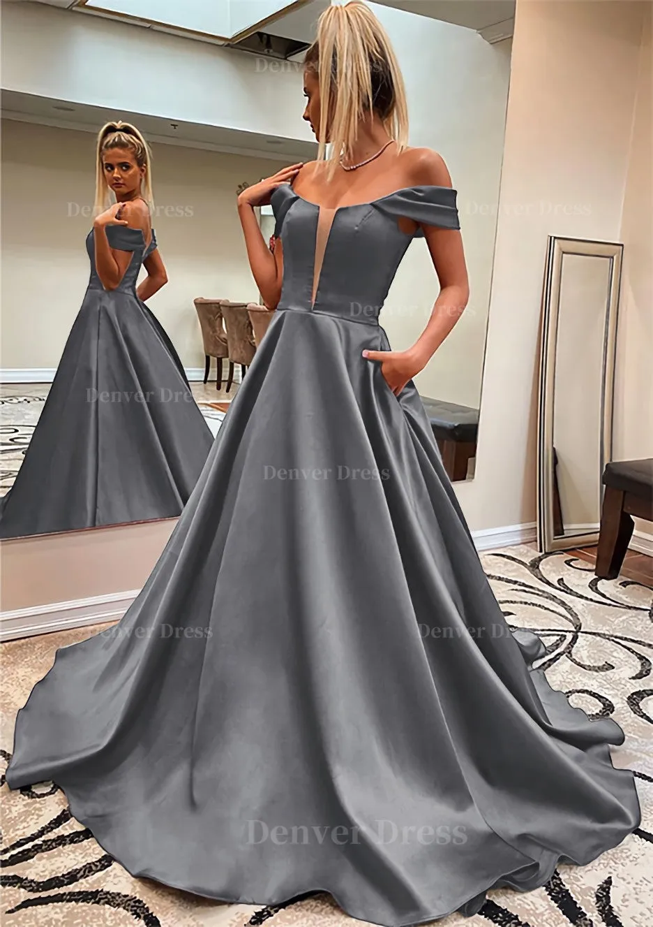 A-line Off-the-Shoulder Sleeveless Satin Sweep Train Prom Dress With Pockets