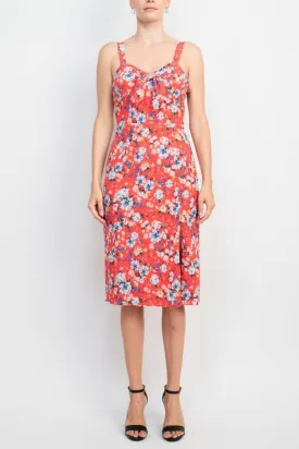 BCBG Generation Strap Shoulder Sweetheart Neck Bow Detail Keyhole Front Elastic Back Floral Print Crepe Dress