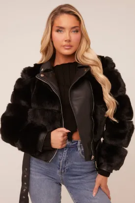 Black Faux Fur Biker Jacket - Chelsey