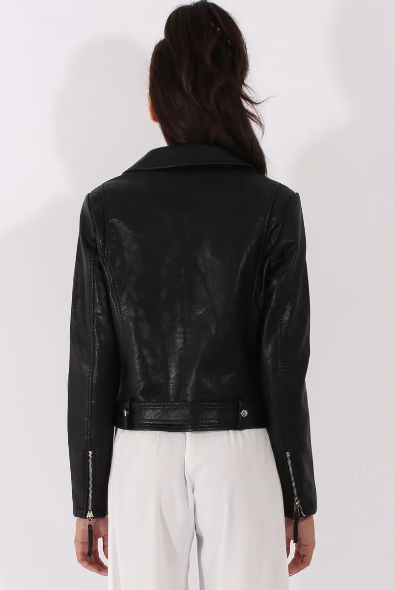 Black Faux Leather Biker Jacket - Dallas