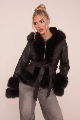 Black Faux Leather Fur Trim Jacket - Casey