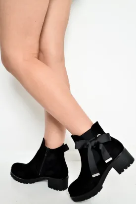 Black Faux Suede Bow Detail Chunky Chelsea Boots - Daleisa