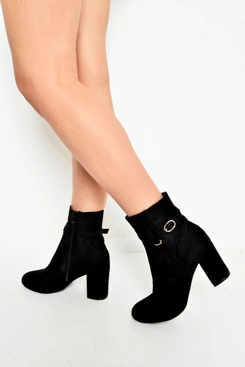 Black Faux Suede Strap Detail Buckle Ankle Boots - Sabryna