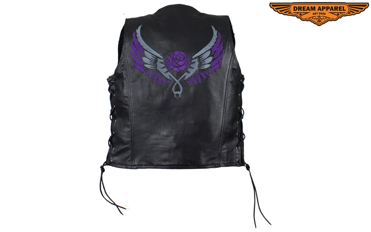 Black Gun Pocket Vest with Purple and Gray Rose