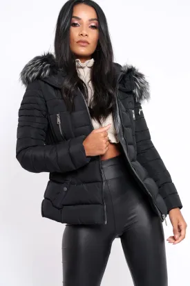 Black Quilted Coat with Fur Hood - Indee