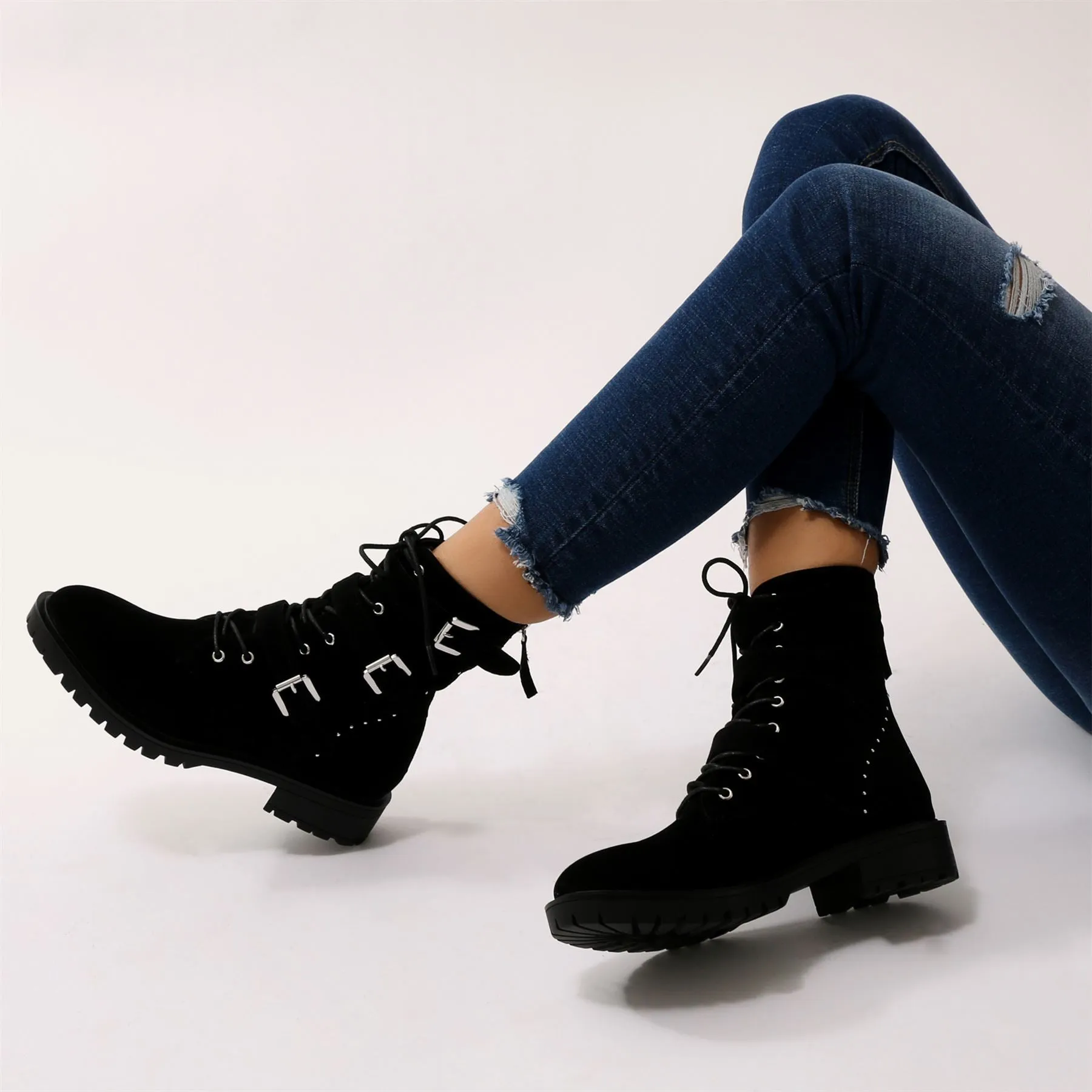 Bramble Buckled Biker Boots in Black Faux Suede