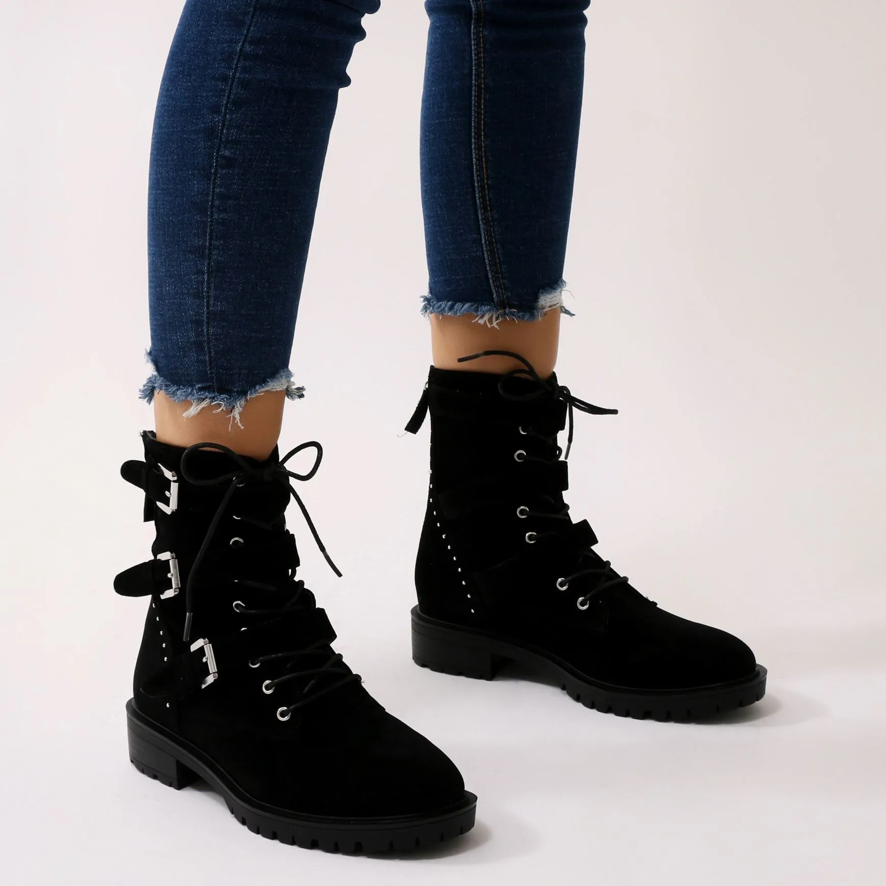 Bramble Buckled Biker Boots in Black Faux Suede