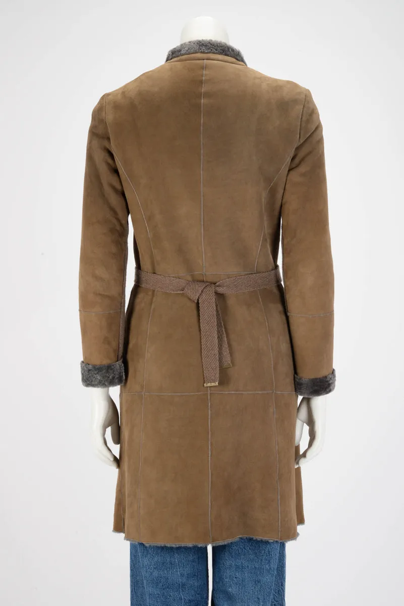 Brunello Cucinelli Brown Shearling Wrap Front Coat IT 42