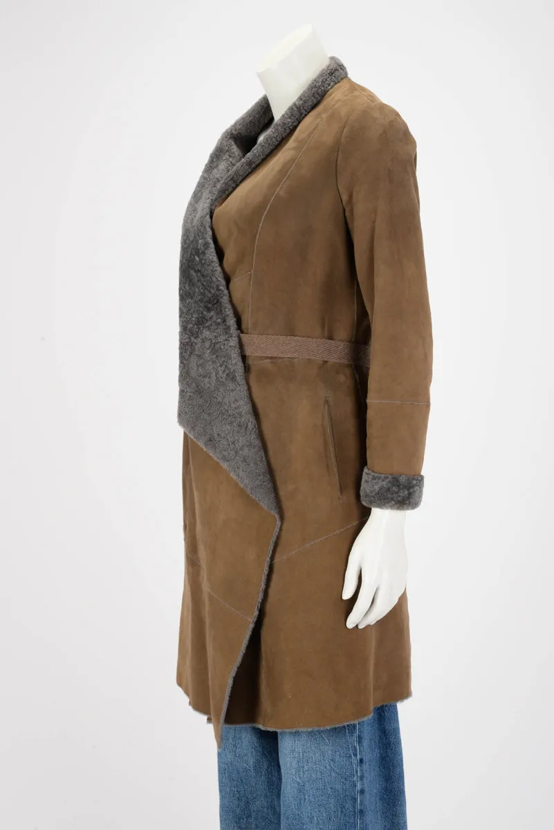 Brunello Cucinelli Brown Shearling Wrap Front Coat IT 42