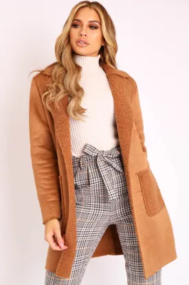 Camel Faux Suede Shearling Coat - Izabella