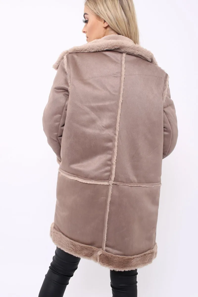 Camel Long Faux Shearling Coat - Chai