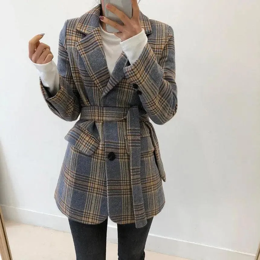 Checked chic short single-breasted coat