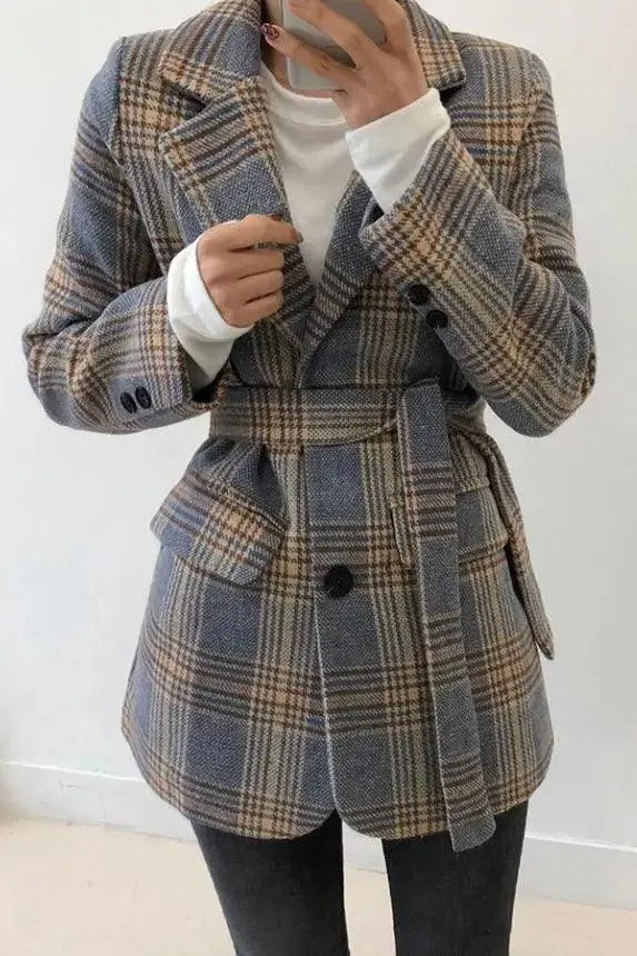 Checked chic short single-breasted coat