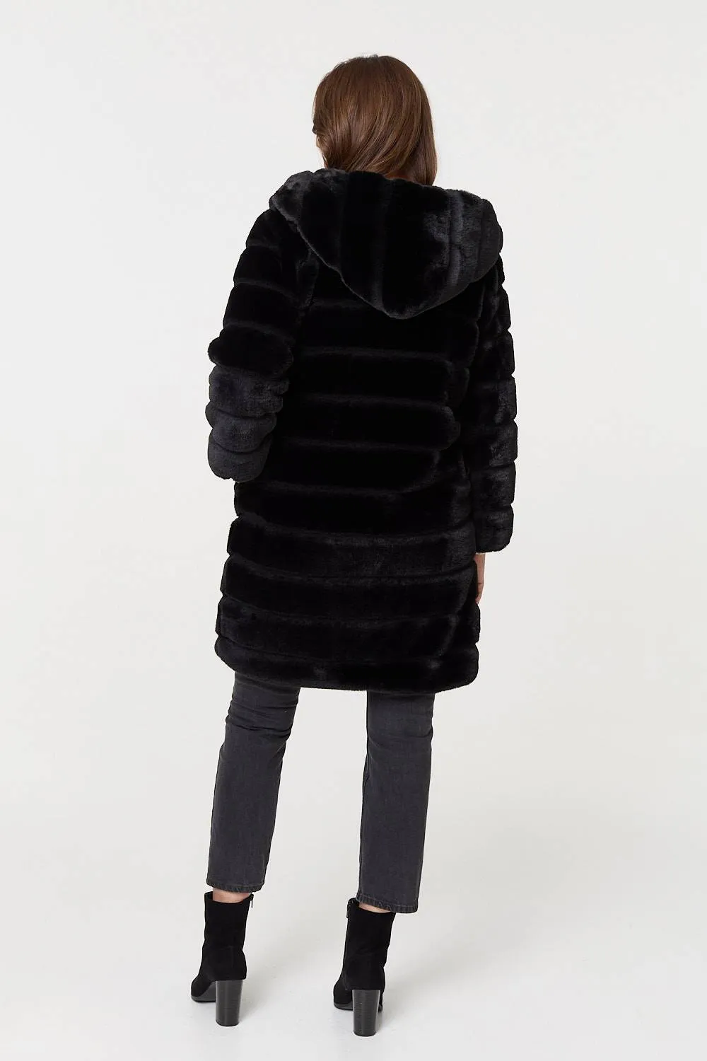 Faux Fur Thigh Length Hooded Jacket