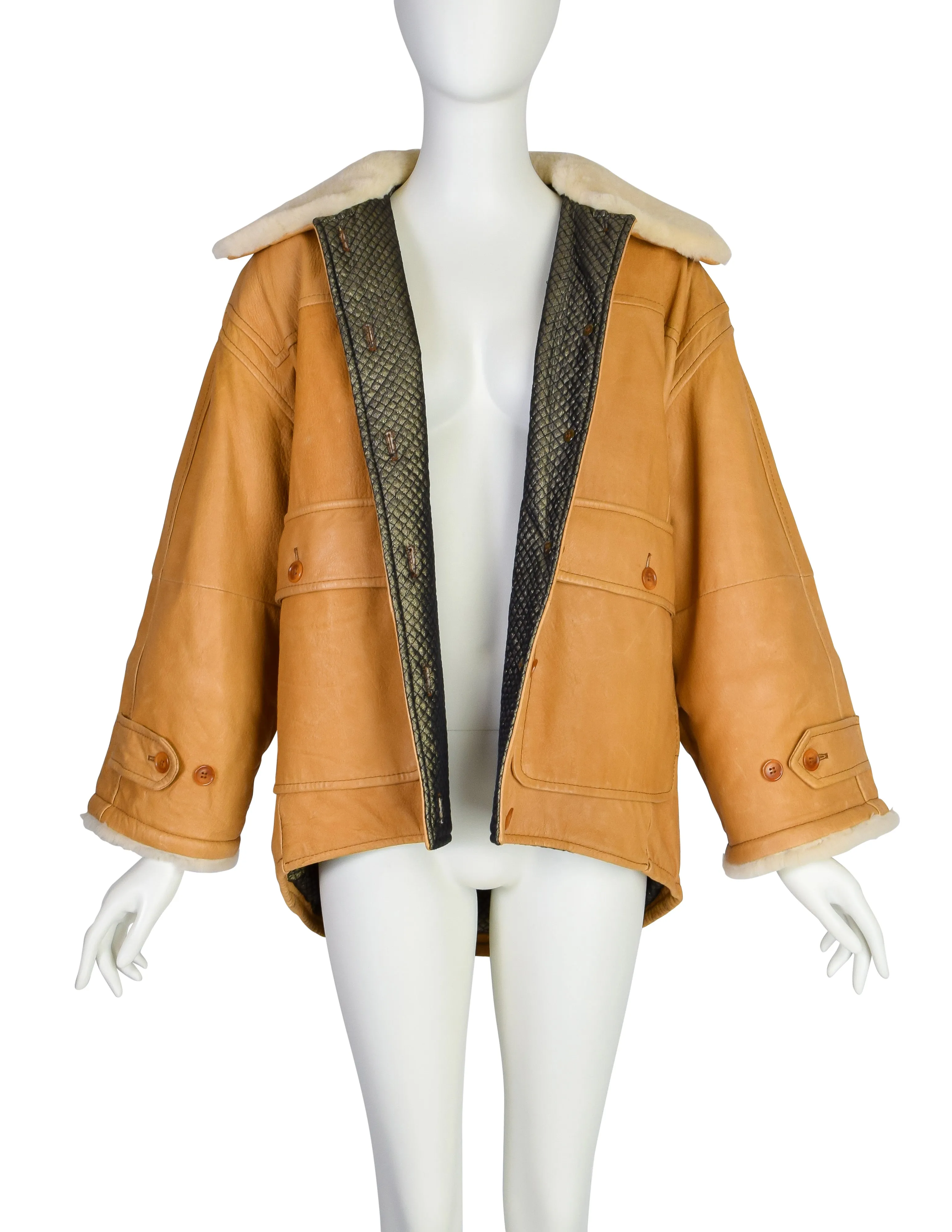 Gianfranco Ferre Vintage 1980s Oversized Butterscotch Leather Shearling Coat