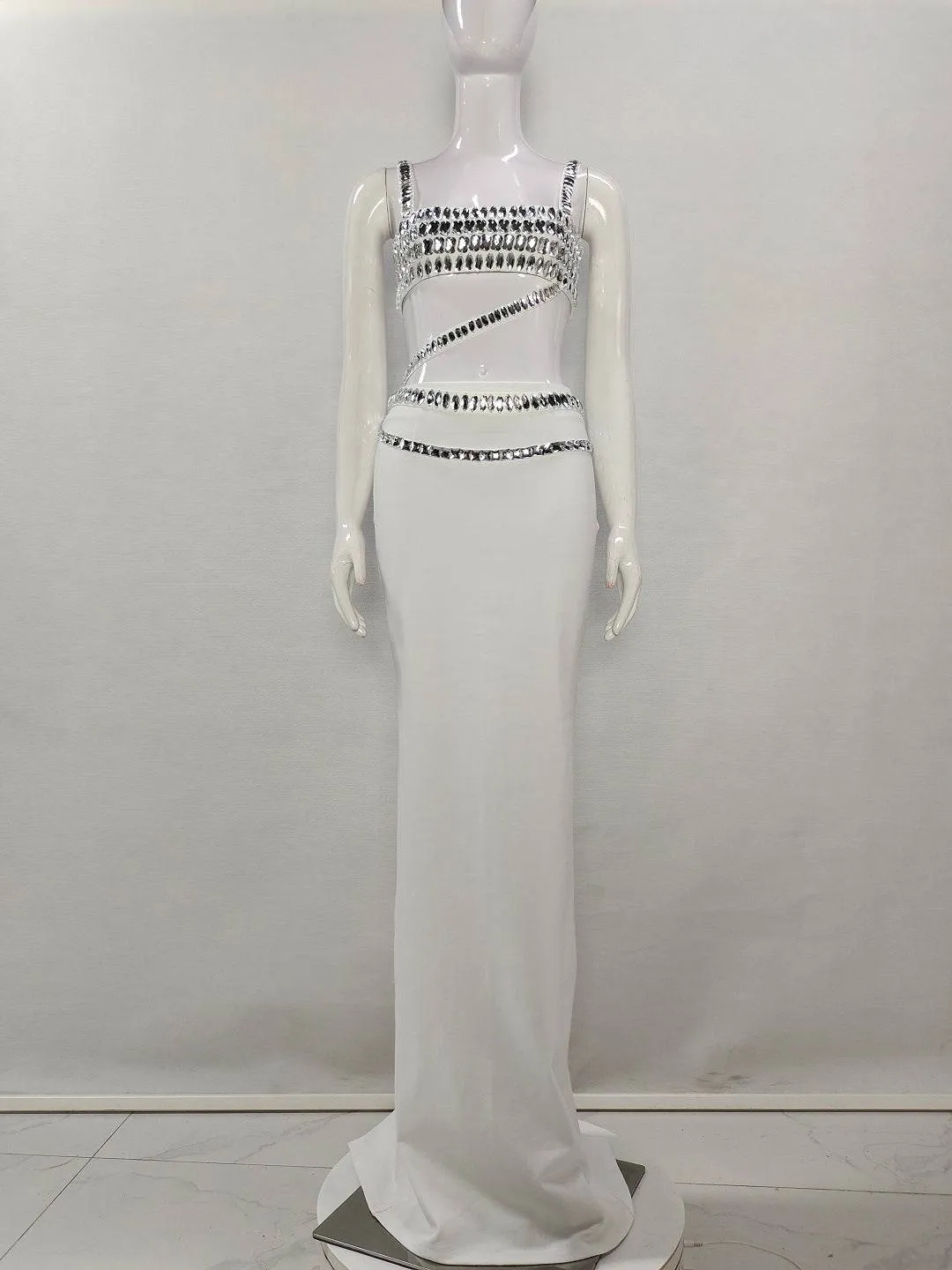 Goldie Spaghetti Strap Crystal Embellished Top & Long Skirt Set