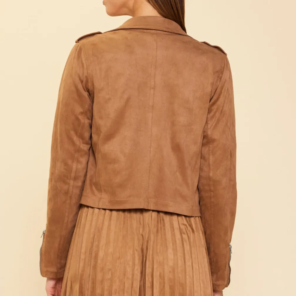 Hey Babe Camel Faux Suede Moto Jacket