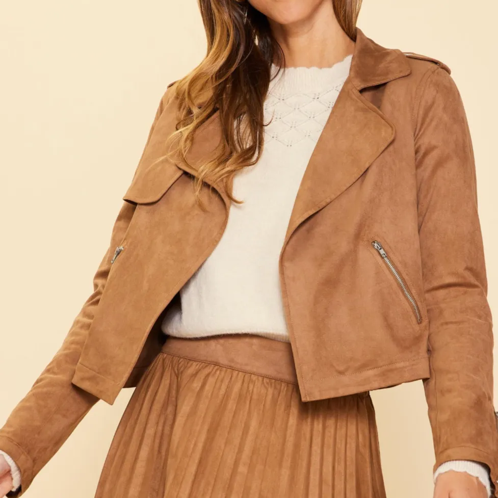 Hey Babe Camel Faux Suede Moto Jacket