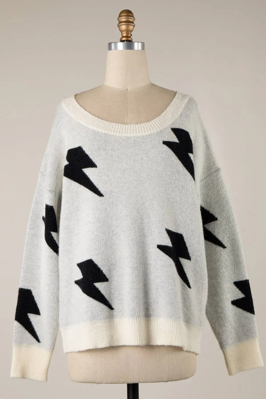 Janine Lightning Bolt Round Neck Sweater - Ivory