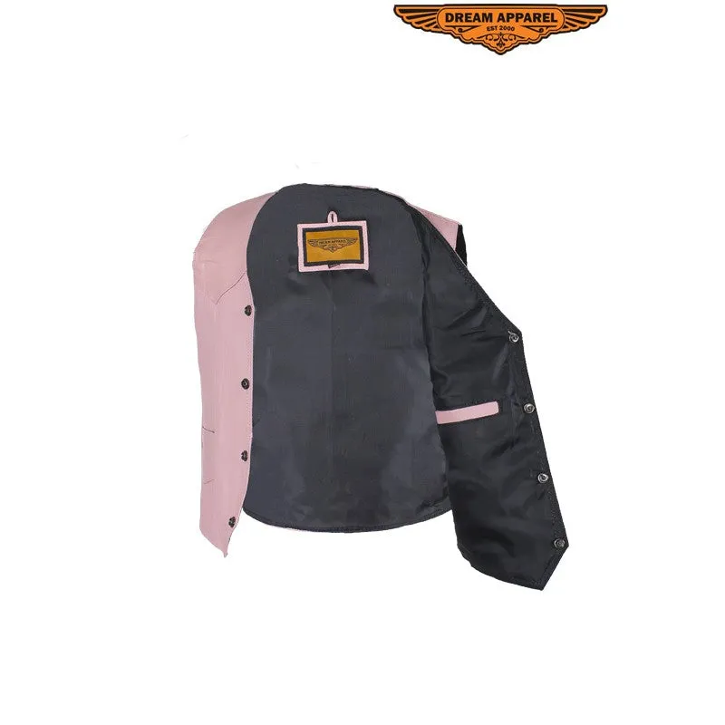 Kids Pink Leather Motorcycle Vest With Button Snap Closure