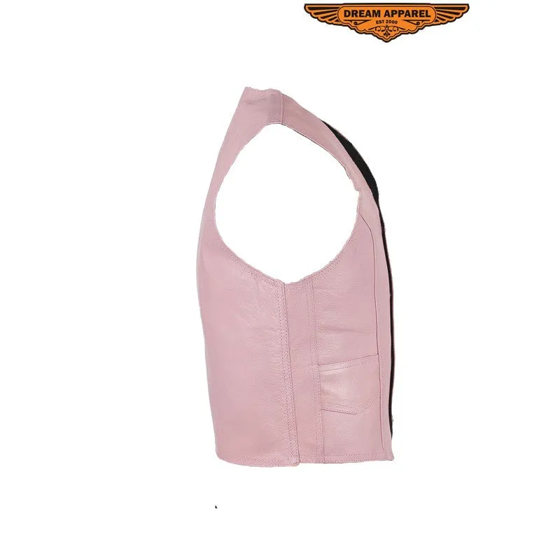 Kids Pink Leather Motorcycle Vest With Button Snap Closure