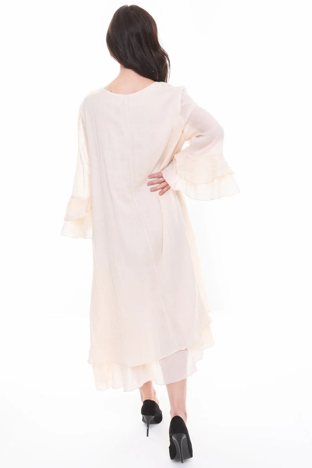 Lace Insert Oversized Flowing Ruffle Sleeve Dress