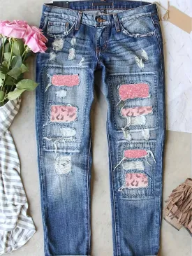 Leopard Patchwork Distressed Jeans Stylish Casual Denim Pants for Women