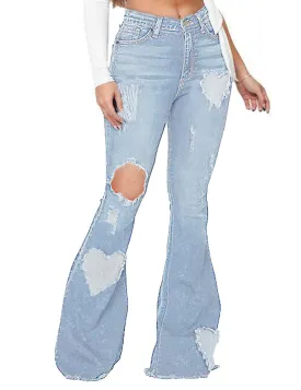 Light Blue Mid-Waist Ripped Heart Flared Denim Jeans