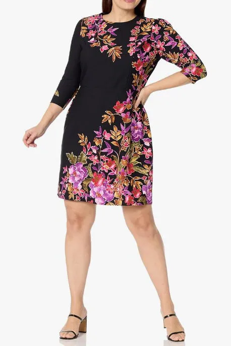 London Times Crew Neck 3/4 Sleeve Floral Print Dress