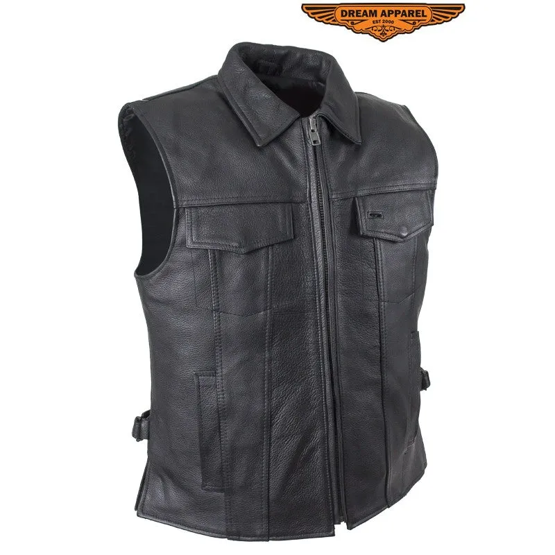 Men's Motorcycle Club Leather Vest With Fold Collar & Hidden Snaps