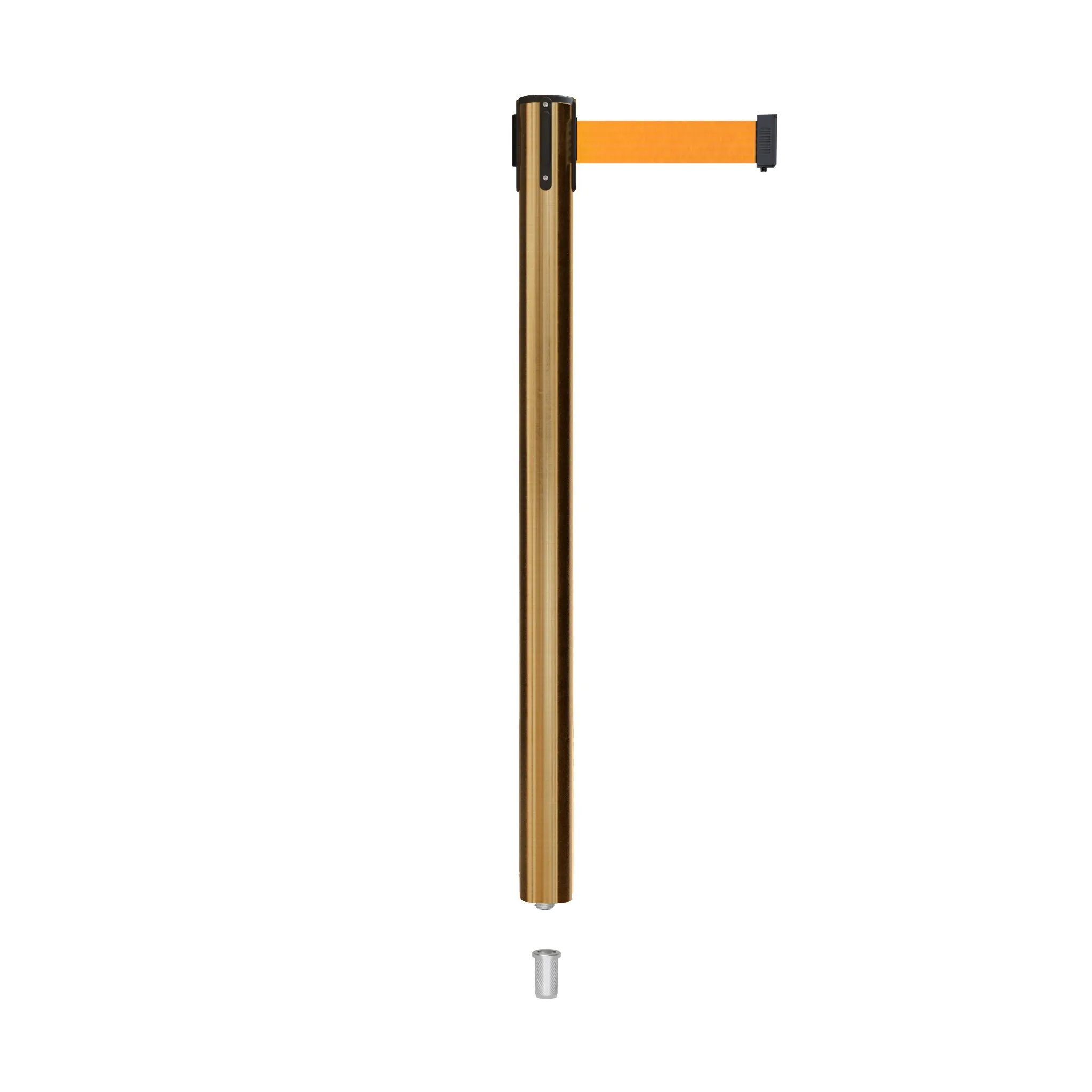 Retractable Belt Barrier Stanchion, Mini Socket Base, Satin Brass Post, 13 ft Belt - Montour Line MX630SK