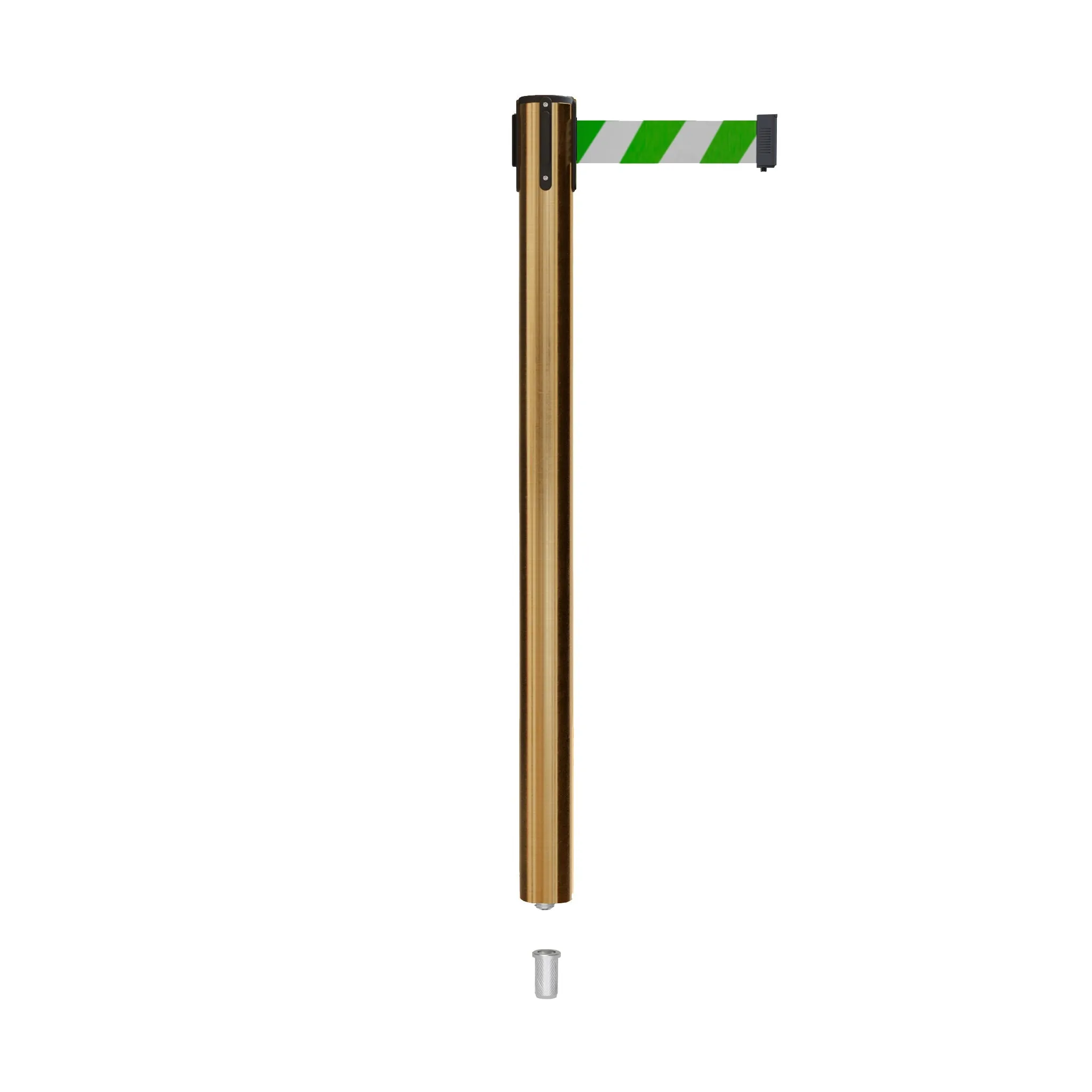 Retractable Belt Barrier Stanchion, Mini Socket Base, Satin Brass Post, 13 ft Belt - Montour Line MX630SK