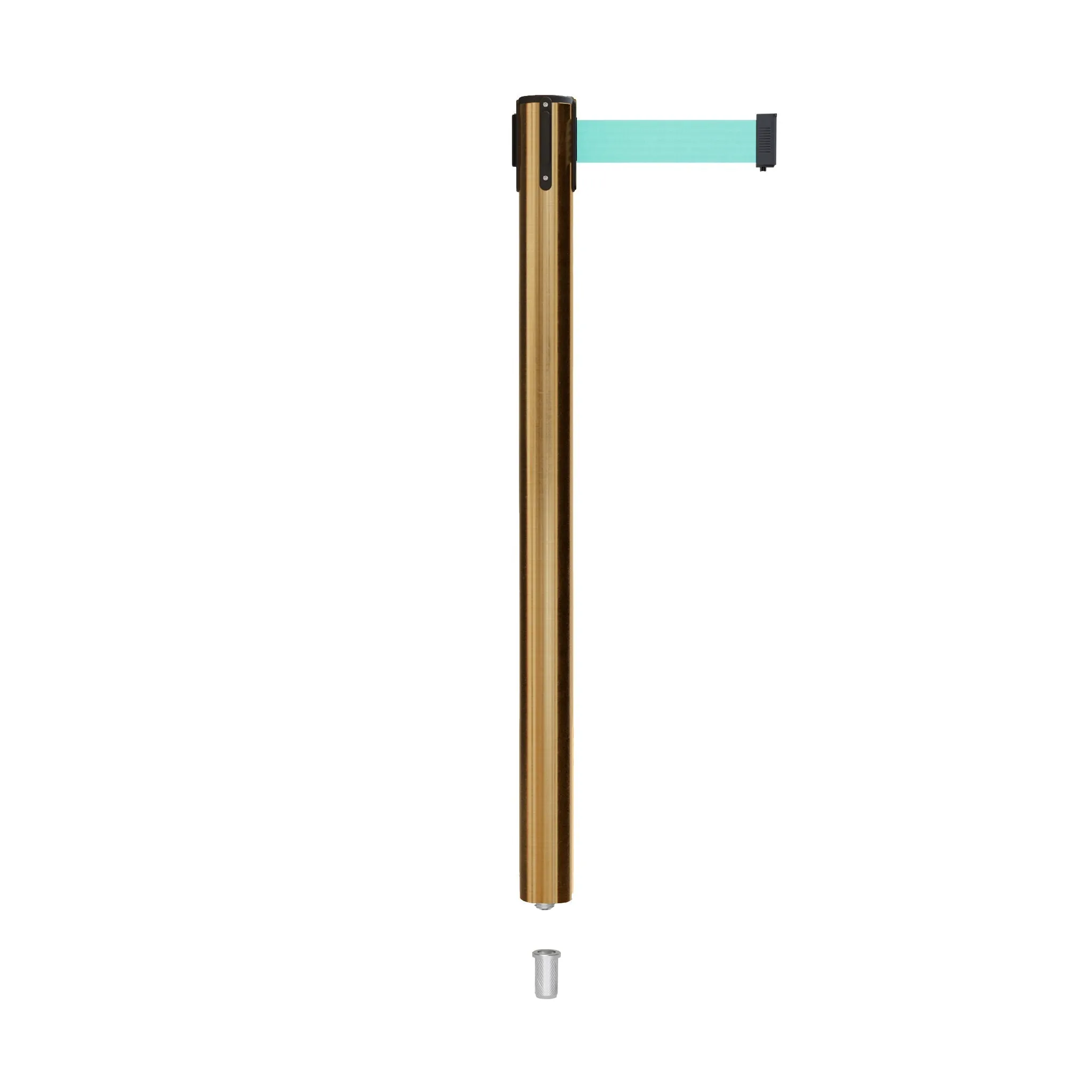 Retractable Belt Barrier Stanchion, Mini Socket Base, Satin Brass Post, 13 ft Belt - Montour Line MX630SK