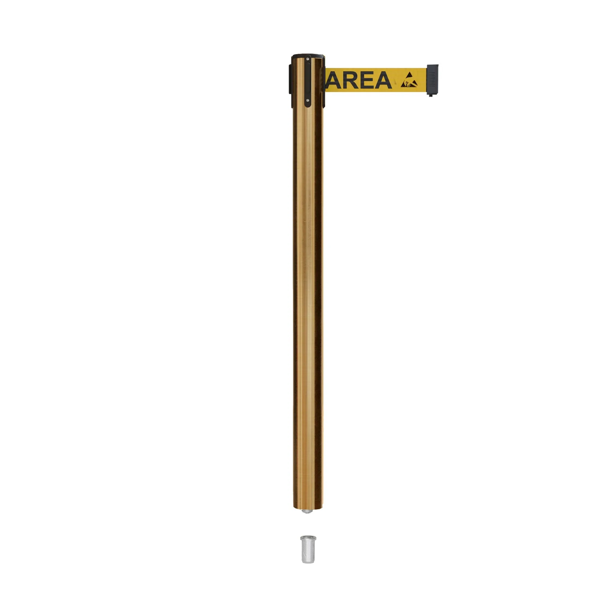 Retractable Belt Barrier Stanchion, Mini Socket Base, Satin Brass Post, 13 ft Belt - Montour Line MX630SK