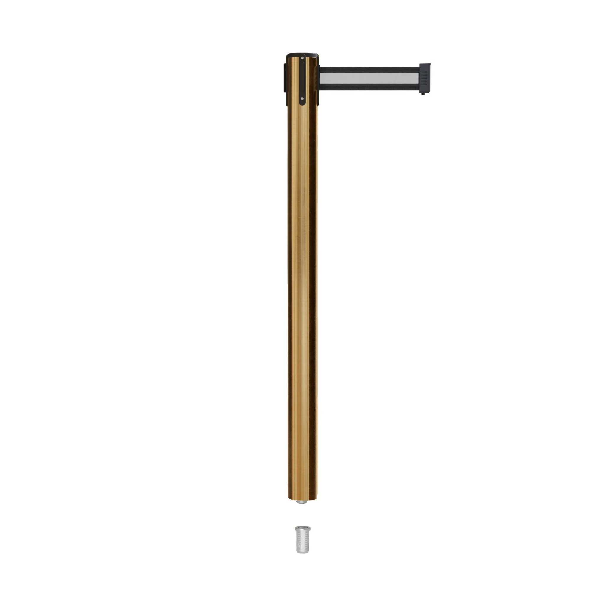 Retractable Belt Barrier Stanchion, Mini Socket Base, Satin Brass Post, 13 ft Belt - Montour Line MX630SK