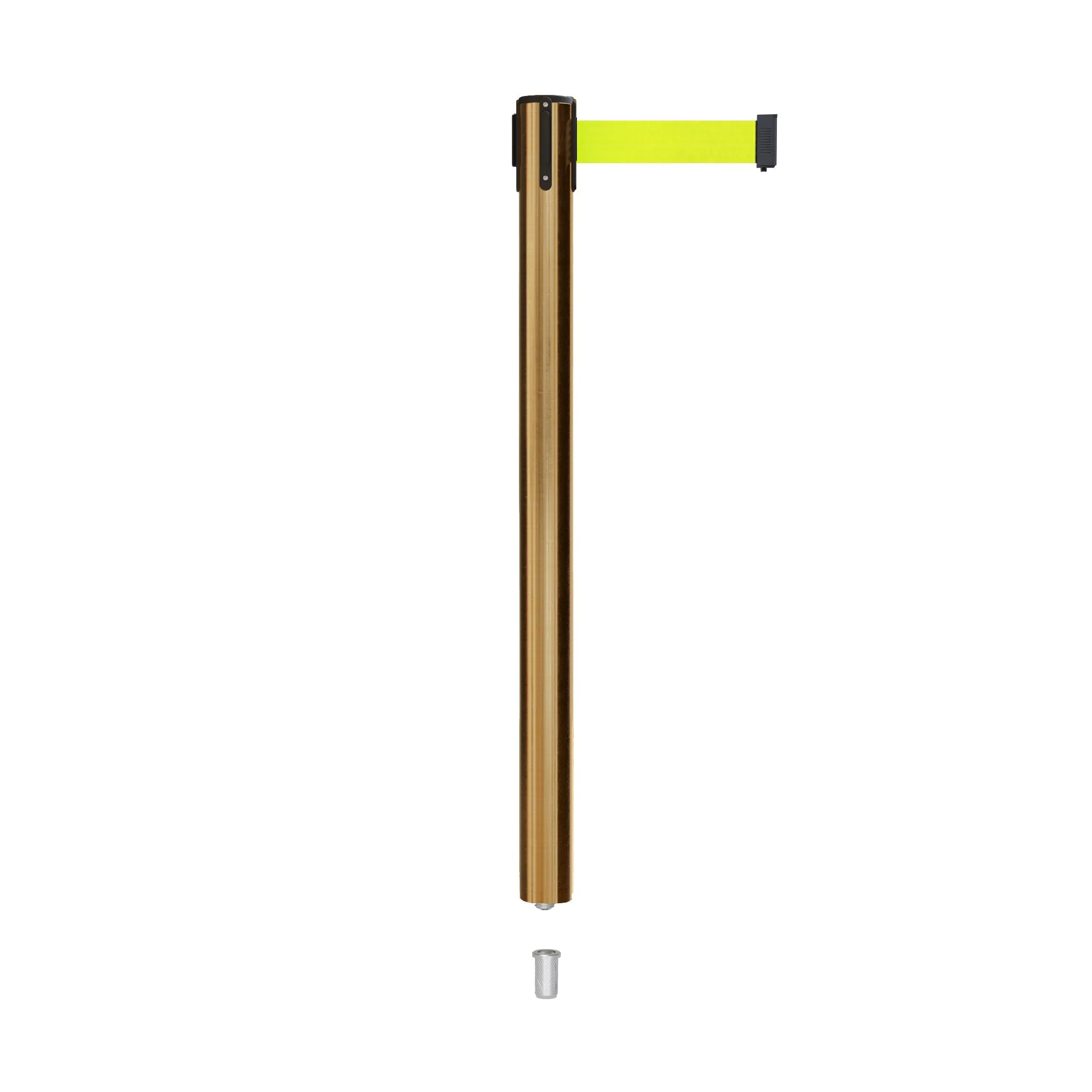 Retractable Belt Barrier Stanchion, Mini Socket Base, Satin Brass Post, 13 ft Belt - Montour Line MX630SK