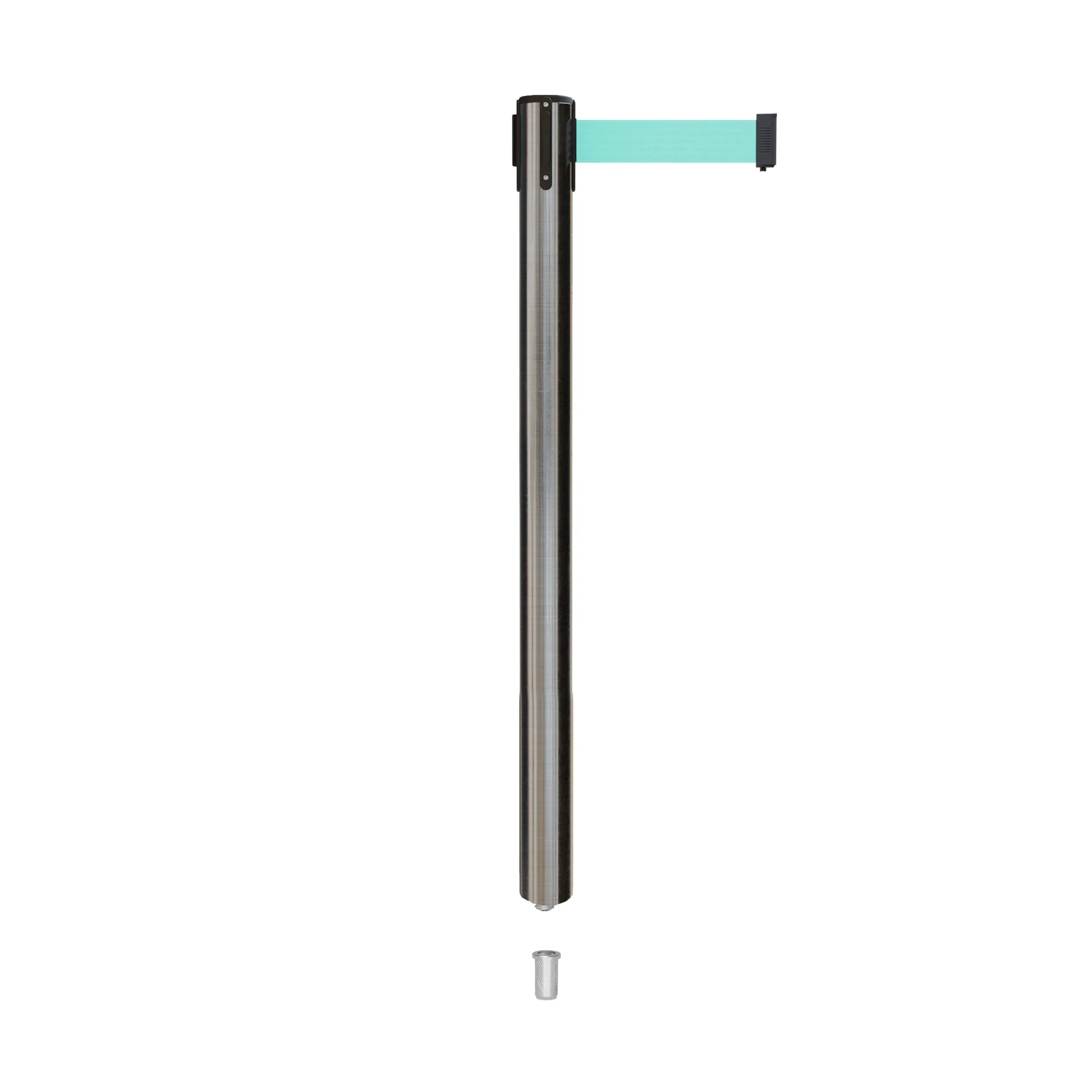 Retractable Belt Barrier Stanchion, Mini Socket Base, Satin Stainless Steel Post, 7.5 ft Belt - Montour Line MX630SK