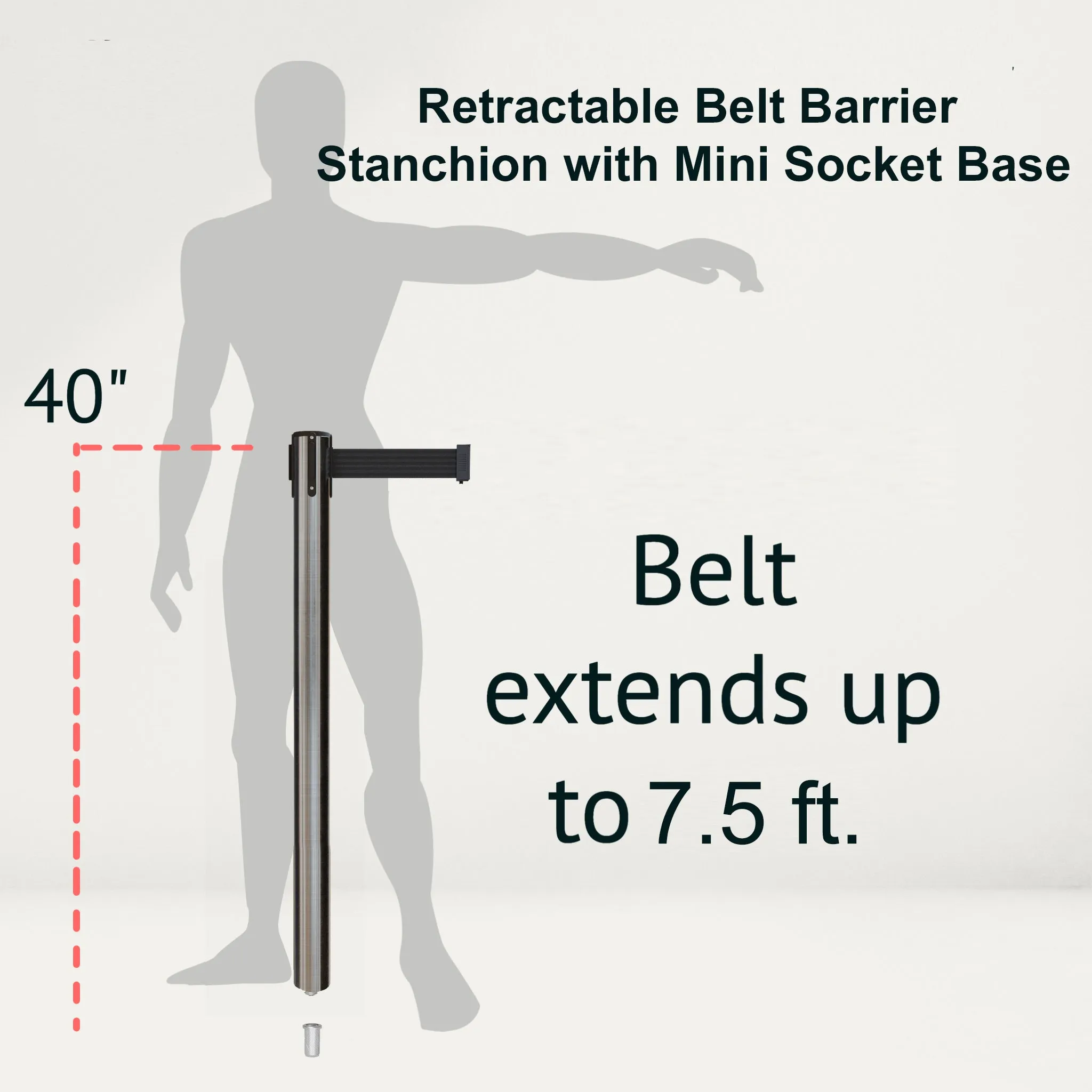 Retractable Belt Barrier Stanchion, Mini Socket Base, Satin Stainless Steel Post, 7.5 ft Belt - Montour Line MX630SK