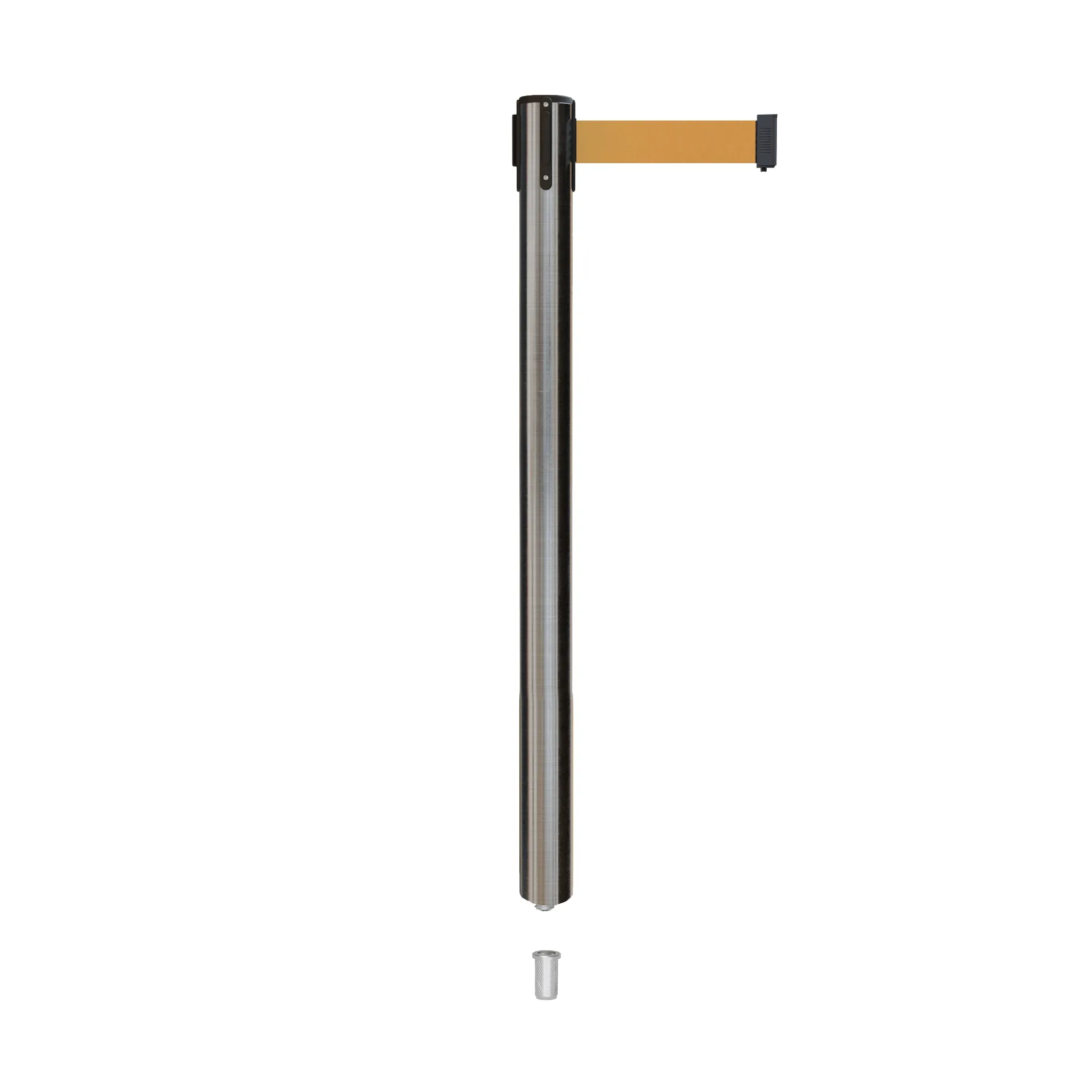 Retractable Belt Barrier Stanchion, Mini Socket Base, Satin Stainless Steel Post, 7.5 ft Belt - Montour Line MX630SK