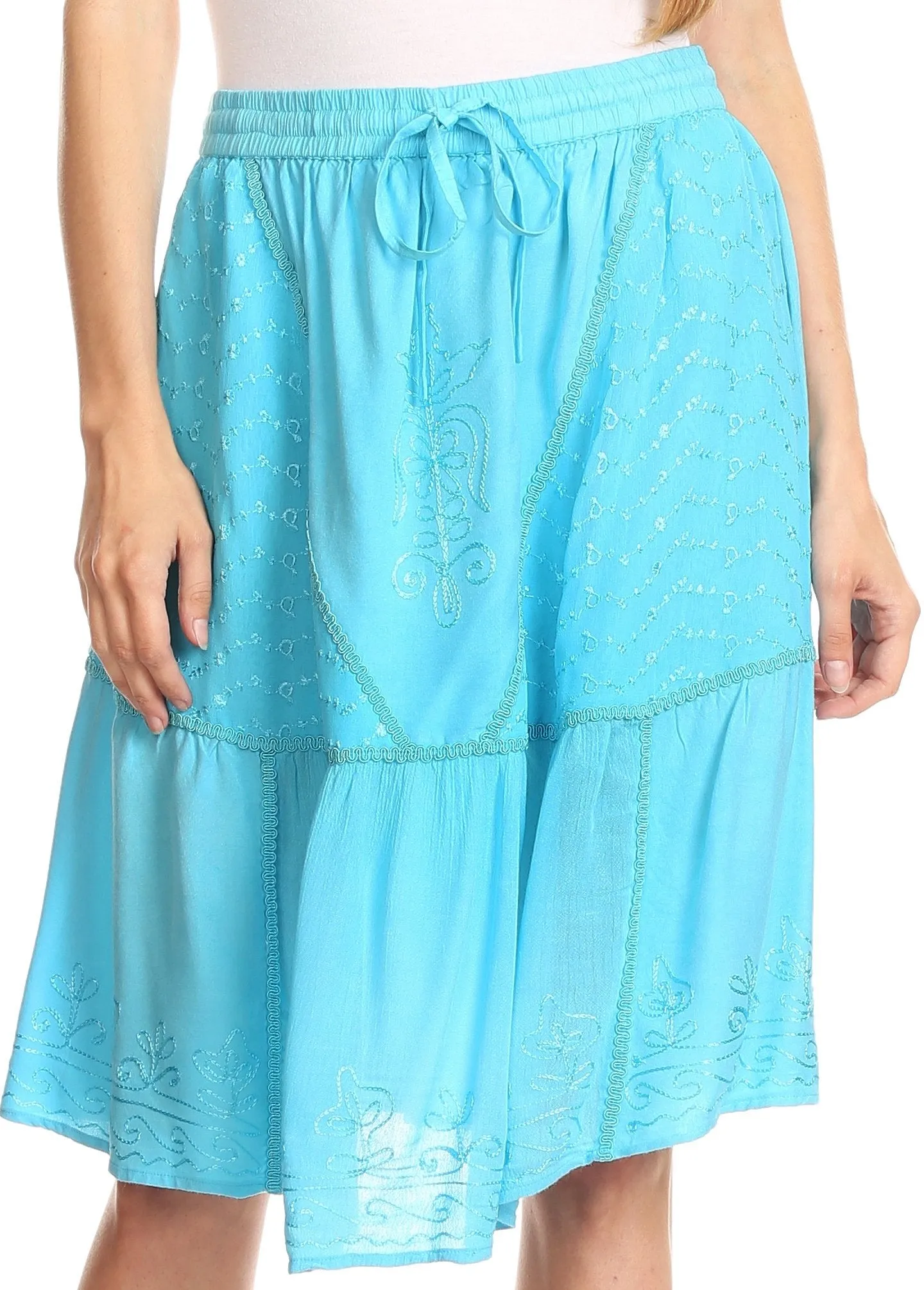 Sakkas Beyza  Casual Peasant Mid Skirt with Elastic Waist Embroidery and Eyelet