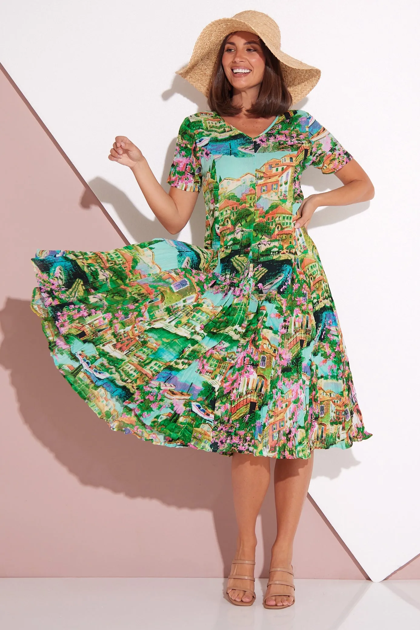 Short Sleeve Godet Dress - Bellagio Print