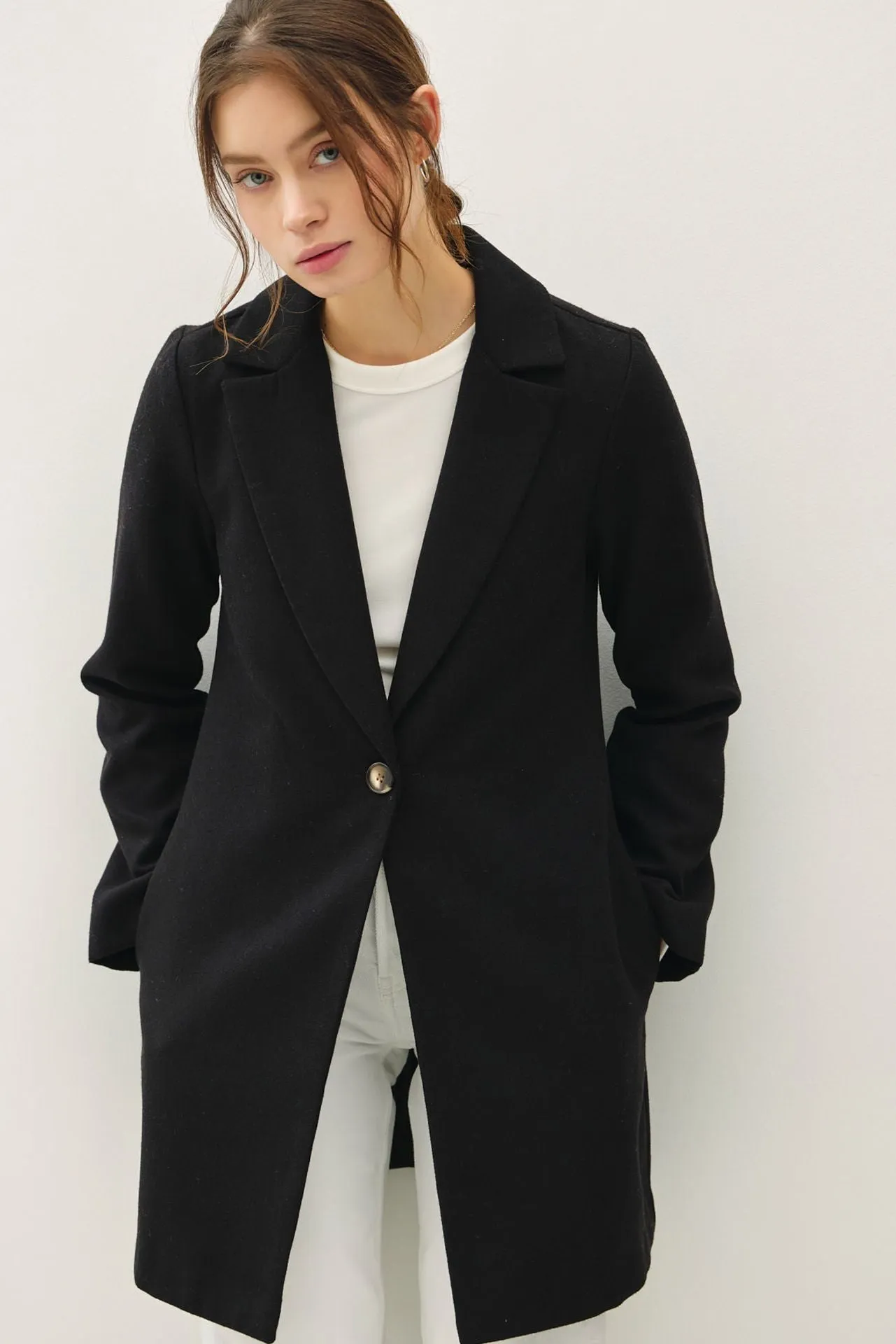 Single Button Long Sleeve Coat with Pockets