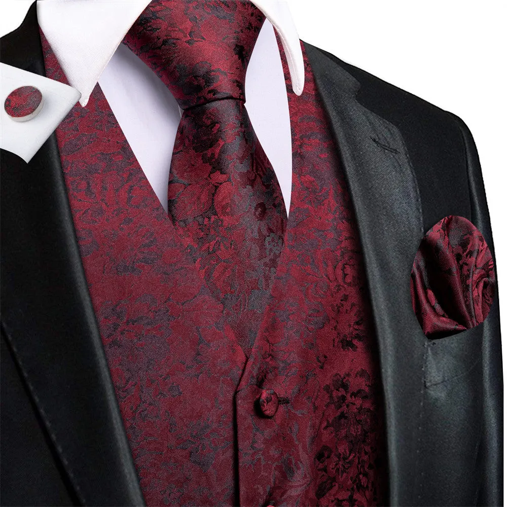 Ties2you Black Red Floral Silk V-Neck Vest Necktie Set