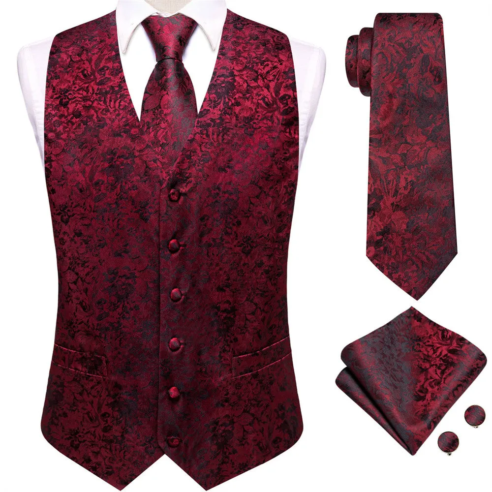 Ties2you Black Red Floral Silk V-Neck Vest Necktie Set