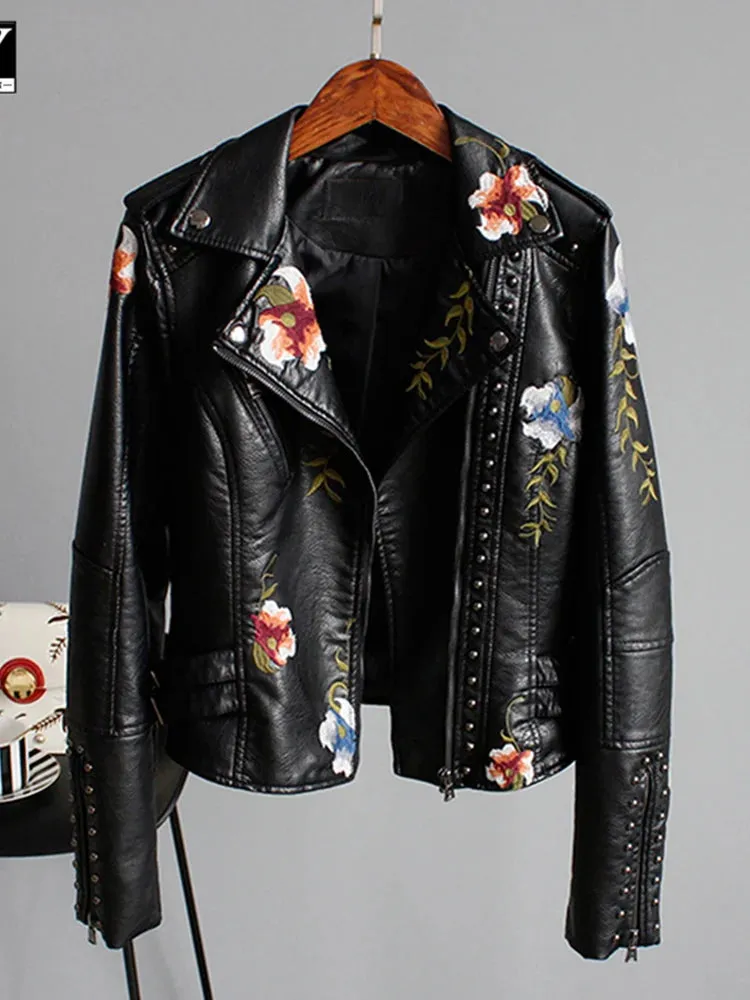 Trendy  Faux Leather Floral Print Jacket